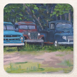 Dessous-de-verre Carré En Papier Camions Vintages bleus et rouges, peinture origina