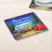 Dessous-de-verre Carré En Papier Camper Camper Bleu Vert Nature Aquarelle (Incliné)