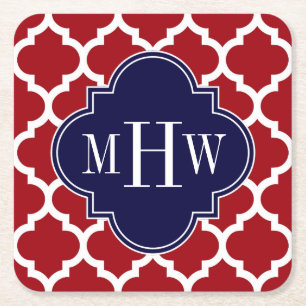 Dessous-de-verre Carré En Papier Canneberge Blanc Marocain #5 Navy 3 Monogramme Ini