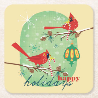 Dessous-de-verre Carré En Papier Cardinaux vintages sur des branches de pin de