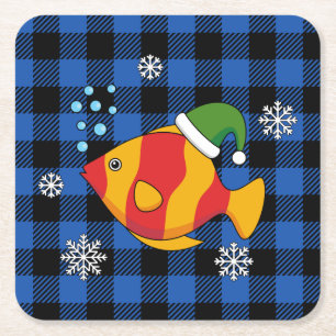 Dessous-de-verre Carré En Papier Caricature de poisson tropical de Noël sur le Moti