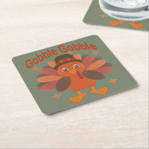 Dessous-de-verre Carré En Papier Caricature de Turquie Thanksgiving - "Gobble Gobbl
