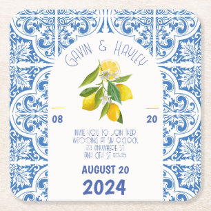 Dessous-de-verre Carré En Papier Carreaux bleus et citrons Portugal Mariage Papier 
