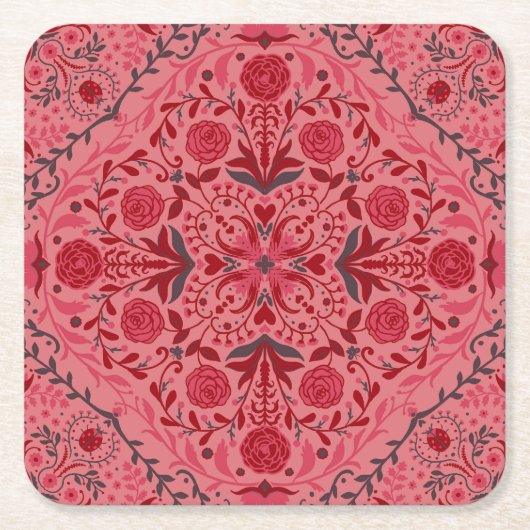 Dessous-de-verre Carré En Papier Carreaux floraux en rouge et pastèque rose (Devant)