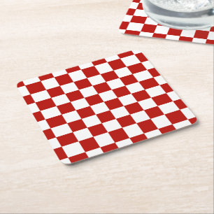 Dessous-de-verre Carré En Papier Carrés à damier rouge blanc géométrique rétro
