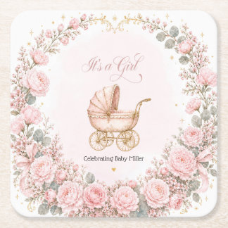 Dessous-de-verre Carré En Papier Carrosse Rose C'est une Fille Baby Shower Personna