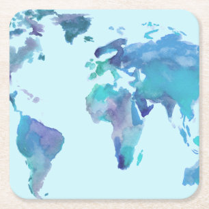 Dessous-de-verre Carré En Papier Carte bleue du monde d'aquarelle