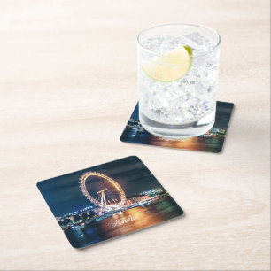 Dessous-de-verre Carré En Papier Carte Blue Gold Cityscape Night Travel Londres