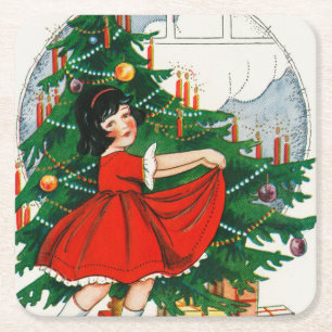 Dessous-de-verre Carré En Papier Carte de Noël rétro, enfant et arbre de Noël