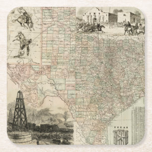 Dessous-de-verre Carré En Papier Carte du Texas avec des frontières du comté