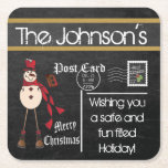 Dessous-de-verre Carré En Papier Carte Postale Chalkboard Vintage Christmas Snowman<br><div class="desc">🥇 UN DESIGN D'ART ORIGINAL DE DROIT D'AUTEUR DE Donna Siegrist SEULEMENT DISPONIBLE SUR ZAZZLE! Dessous de verre de Noël. Doté d'une carte postale de style vintage avec un bonhomme de neige de mode en rouge tenant une maison d'oiseaux. Idéal pour la décoration de Noël. ⭐ Ce Produit est 100%...</div>