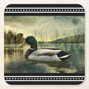 Dessous-de-verre Carré En Papier Carte postale Patinée vintage Mallard Duck