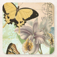 Carte postale vintage avec papillons et fleurs