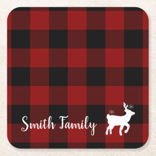 Dessous-de-verre Carré En Papier Cerf de Noël sur Buffalo Plaid Custom
