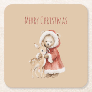 Dessous-de-verre Carré En Papier Cerf Ours Meilleurs Amis Pour Toujours Noël