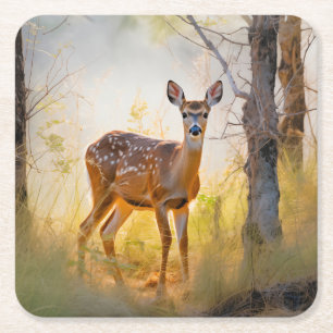 Dessous-de-verre Carré En Papier Cerfs Élégants dans la Forêt Dessin Naturel