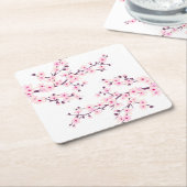 Dessous-de-verre Carré En Papier Cerisier Fleur Rose Blanc (Incliné)