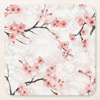 Dessous-de-verre Carré En Papier Cerisiers roses et blancs sur fond bleu marine per