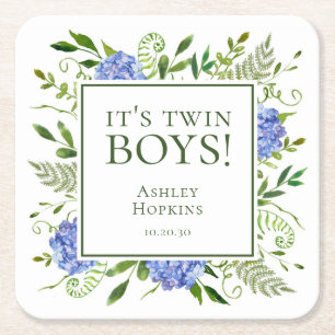 Dessous-de-verre Carré En Papier C'est Twin Boys Blue Hydrangeas Boy Baby shower