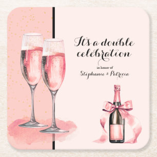Dessous-de-verre Carré En Papier C'est une double fête Champagne Rose Anniversaire