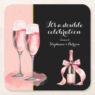Dessous-de-verre Carré En Papier C'est une double fête Champagne Rose Anniversaire