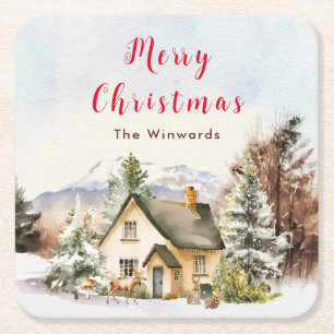 Dessous-de-verre Carré En Papier Chalet de vacances d'hiver Joyeux Noël