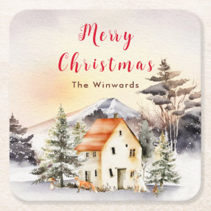 Dessous-de-verre Carré En Papier Chalet de vacances d'hiver Joyeux Noël