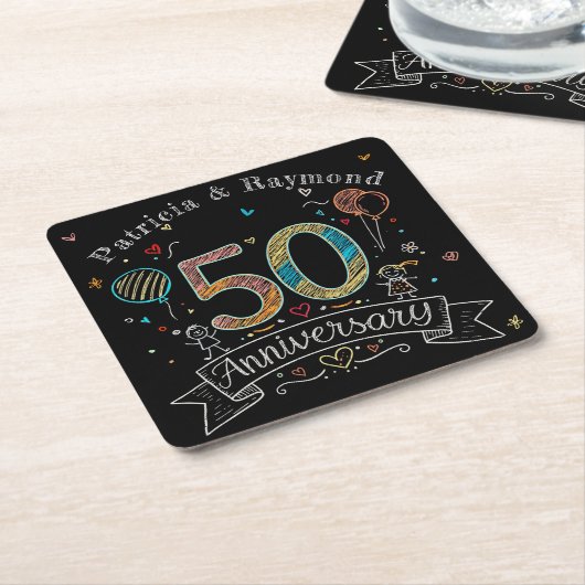 Dessous-de-verre Carré En Papier Chalkboard Doodles 50e Anniversaire Personnalisé (Incliné)