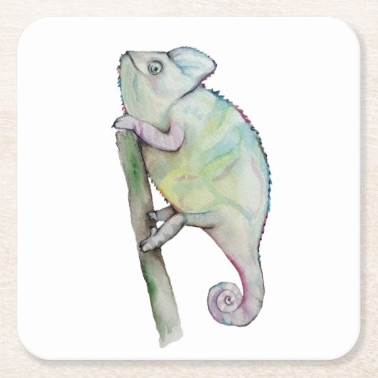 Dessous-de-verre Carré En Papier Chameleon à aquarelle mignonne (Devant)