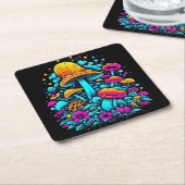 Dessous-de-verre Carré En Papier Champignons et fleurs rétro Neon Ai Art (Incliné)