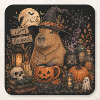 Dessous-de-verre Carré En Papier Chapeau de sorcière mignon capybara Halloween