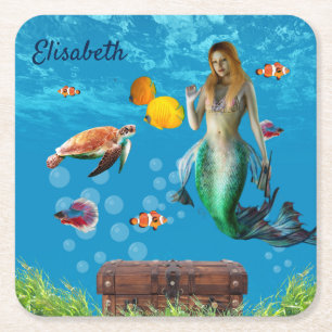 Dessous-de-verre Carré En Papier Chasse au trésor sous-marin Sirène Imaginaire bleu