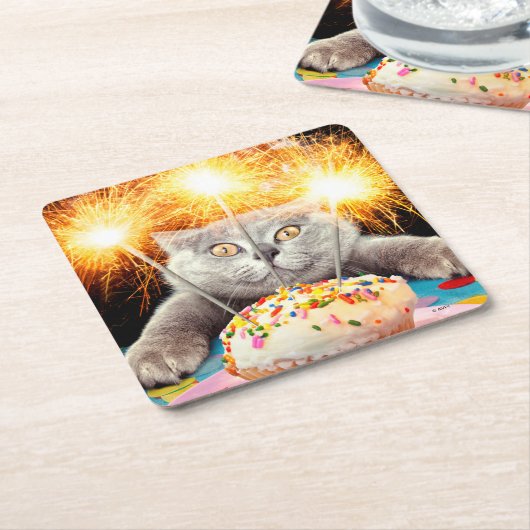 Dessous-de-verre Carré En Papier Chat Avec Cupcake Sparkler (Incliné)