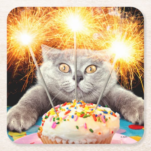 Dessous-de-verre Carré En Papier Chat Avec Cupcake Sparkler (Devant)