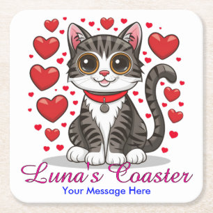 Dessous-de-verre Carré En Papier Chat avec symboles d'amour Clipart-85245