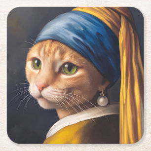 Dessous-de-verre Carré En Papier Chat avec une oreille de perle   Funny Vermeer Par