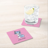 Dessous-de-verre Carré En Papier Chat bleu mignon sur nom personnalisé rose (En situation)