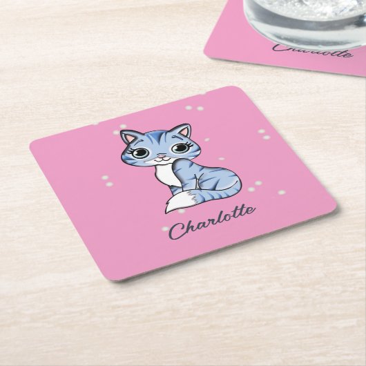 Dessous-de-verre Carré En Papier Chat bleu mignon sur nom personnalisé rose (Incliné)
