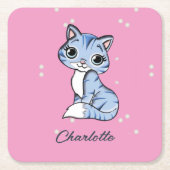 Dessous-de-verre Carré En Papier Chat bleu mignon sur nom personnalisé rose (Devant)