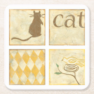 Dessous-de-verre Carré En Papier Chat Brown et oiseau jaune par Chariklia Zarris