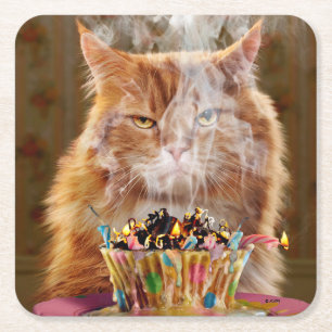 Dessous-de-verre Carré En Papier Chat Cranky Drôle Avec Cupcake D'Anniversaire Fon