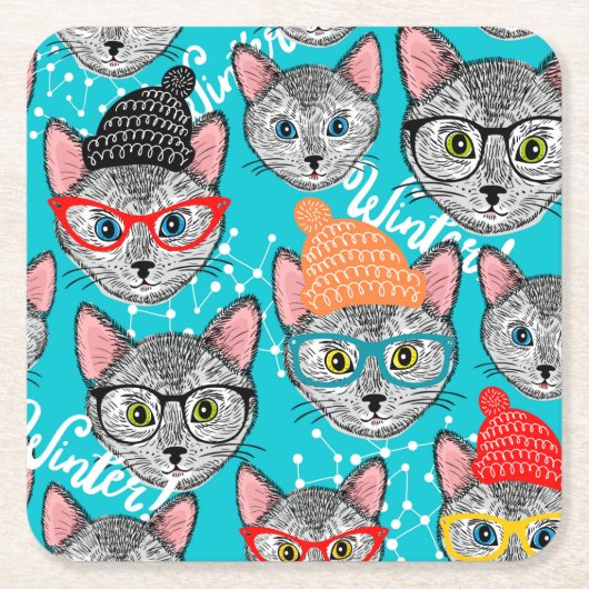 Dessous-de-verre Carré En Papier Chat dans le casquette (Devant)