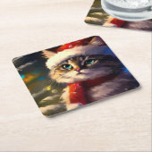 Dessous-de-verre Carré En Papier Chat de Noël 5 (Incliné)