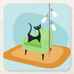 Dessous-de-verre Carré En Papier Chat de style moderne rétro du milieu du siècle
