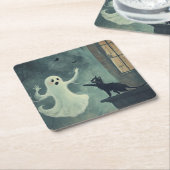 Dessous-de-verre Carré En Papier Chat d'Halloween et fantôme (Incliné)