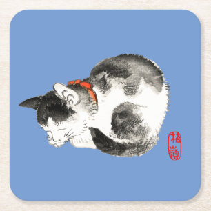 Dessous-de-verre Carré En Papier Chat japonais couché noir et blanc