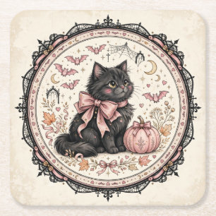 Dessous-de-verre Carré En Papier Chat Noir Arc en Rose Halloween Gothique Citrouill