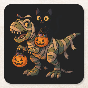 Dessous-de-verre Carré En Papier Chat noir chevauchant un T-Rex momie – Dino Hallow