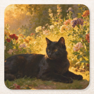 Dessous-de-verre Carré En Papier Chat noir dans les fleurs I