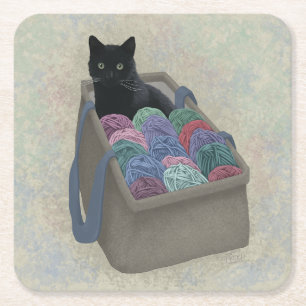 Dessous-de-verre Carré En Papier Chat noir dans un sac de laine